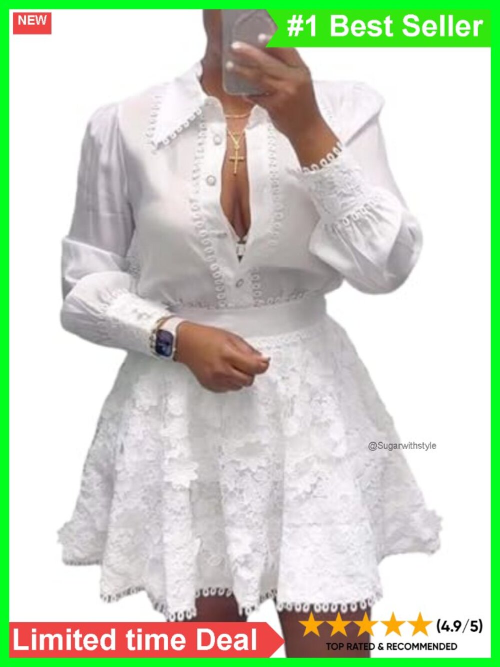 Lace 2 Piece Skirt Set Long Sleeve Blouse Floral Mini Skirt Office Date
